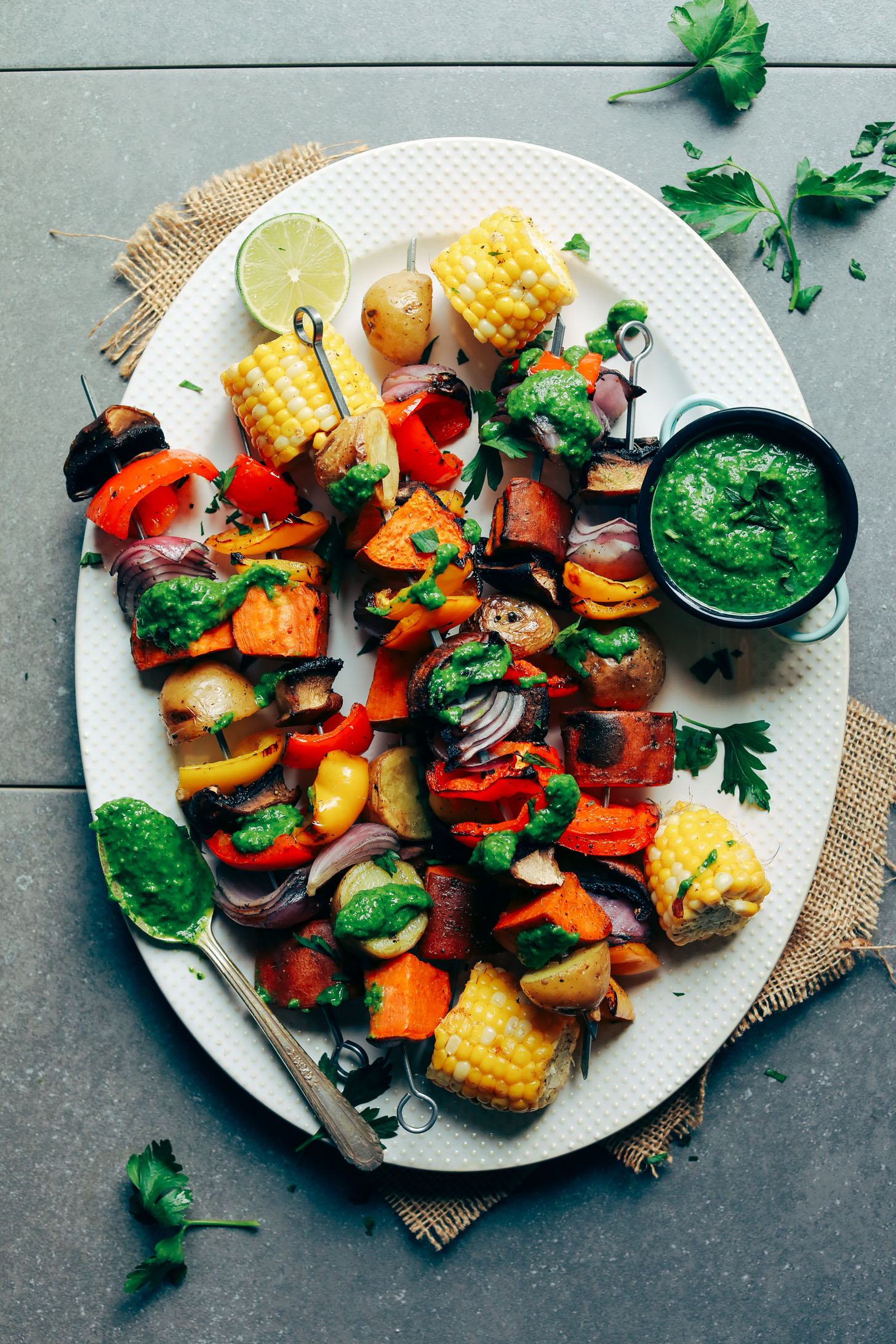 Veggie Skewers with Magic Green Sauce