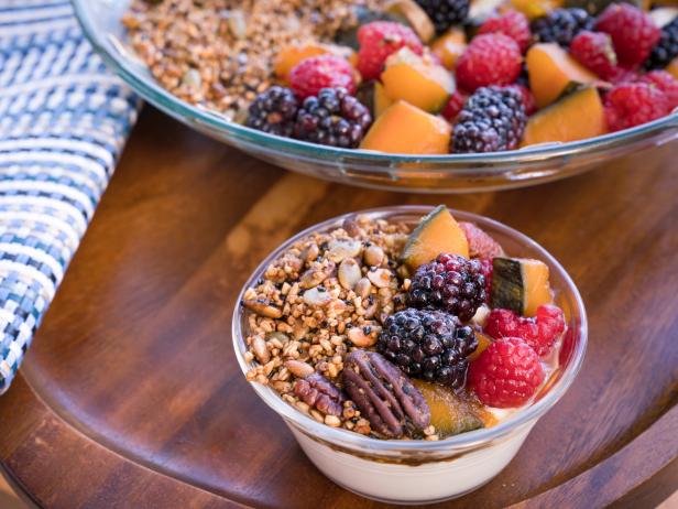 Greek Yogurt Parfait with Ginger Candied Pumpkin, Berries and Pumpkin Seed Pecan Granola