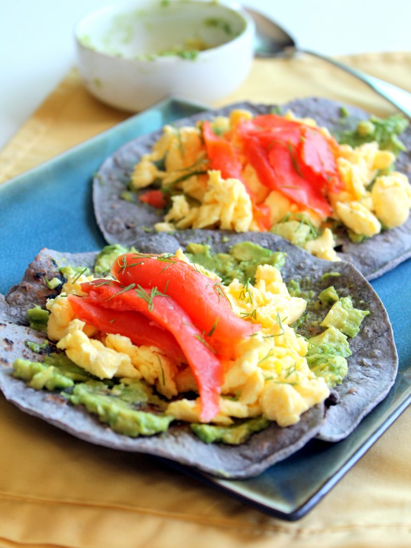 Blue Corn Breakfast Tacos with Scrambled Eggs, Smoked Salmon, Avocado + Dill
