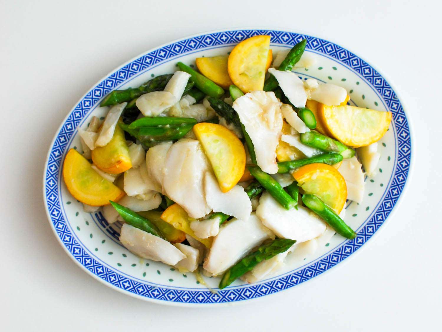 Stir-Fried Cod With Yellow Squash and Asparagus Recipe