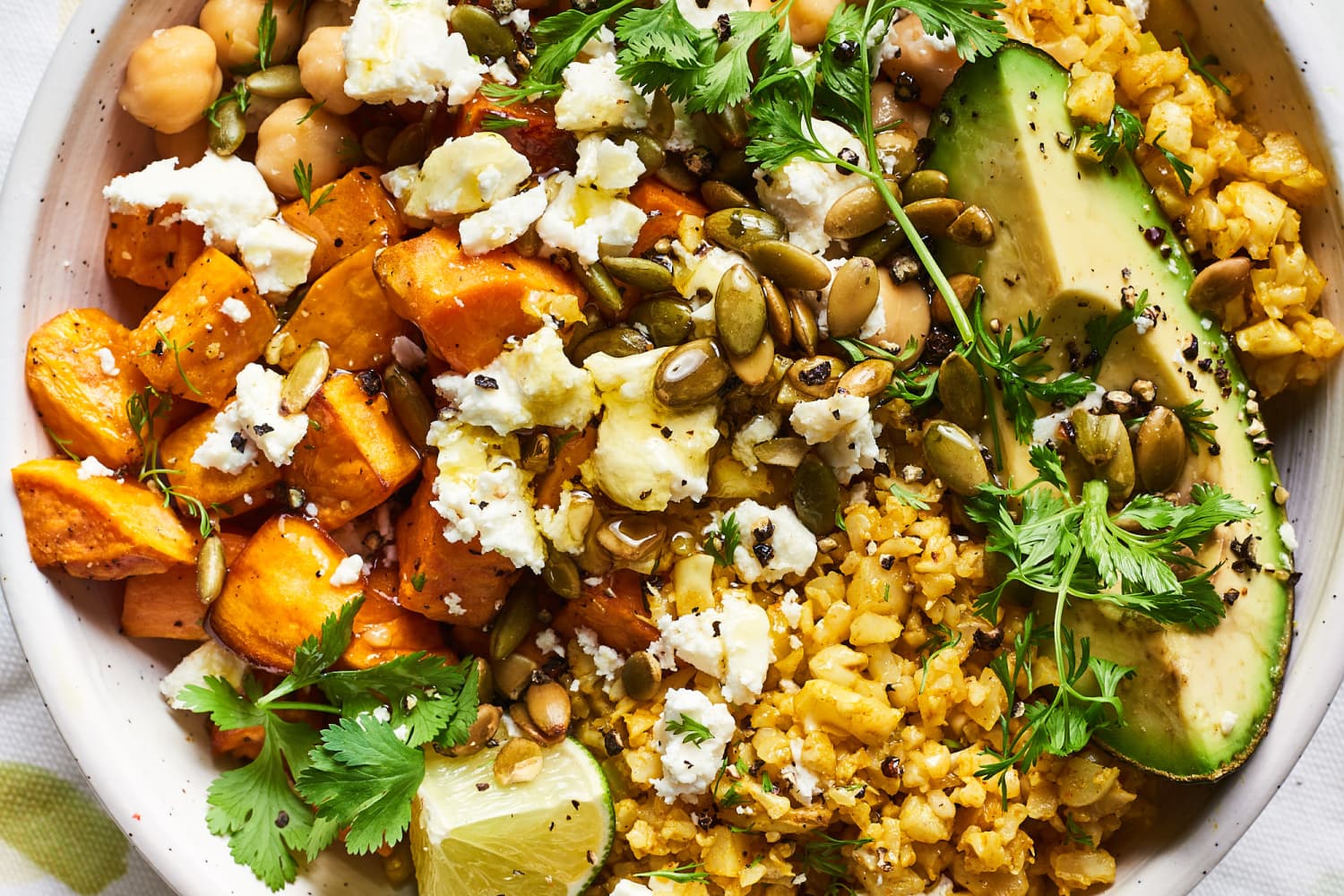 Cauliflower Rice Lunch Bowl with Sweet Potatoes and Chickpeas