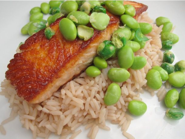 Crispy Salmon with Jasmine Tea Rice and Wasabi Edamame Recipe