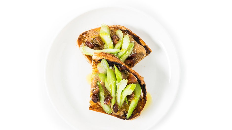 Celery, Date, and Almond Butter Toasts