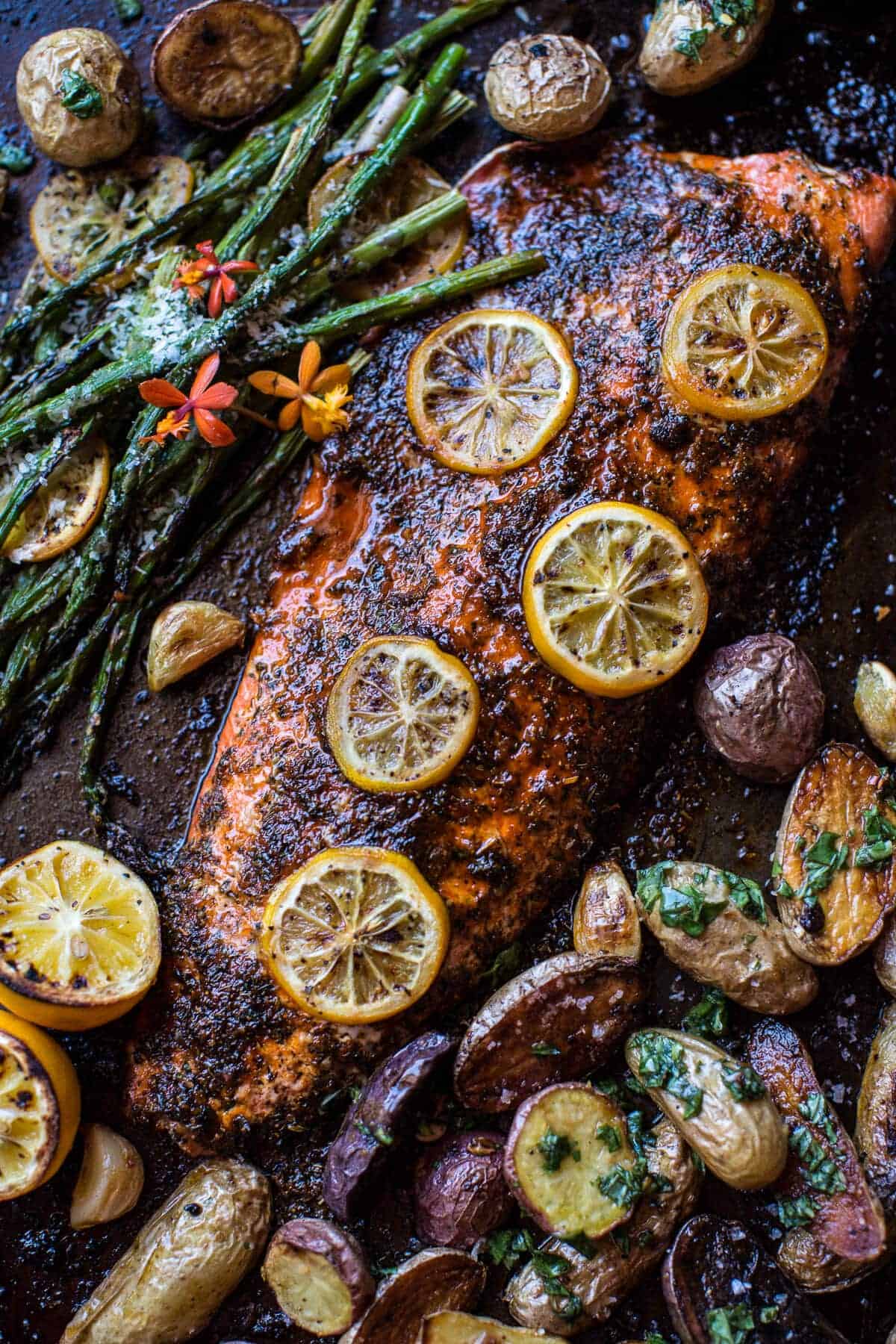 One Pan Lemon Salmon, Roasted Potatoes and Parmesan Asparagus.