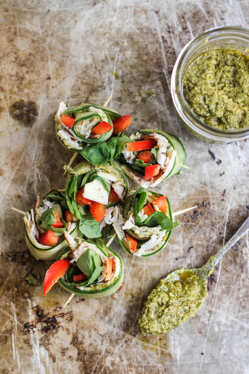 Low-Carb Pesto & Turkey Cucumber Roll-Ups