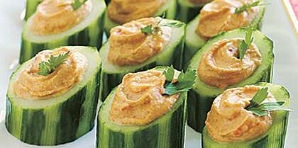 Red-Pepper Hummus in Cucumber Cups