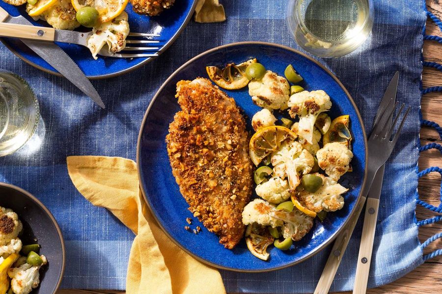 Walnut-crusted chicken diavola with lemon-roasted cauliflower