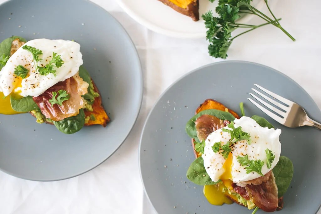 Sweet Potato "Toast" with Avocado, Spinach, Prosciutto and Poached Egg