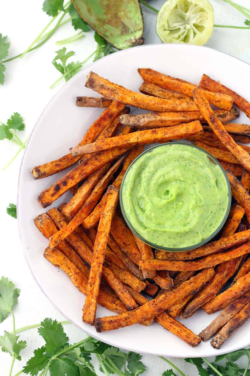 Crispy Baked Sweet Potato Fries with Avocado Cilantro Sauce