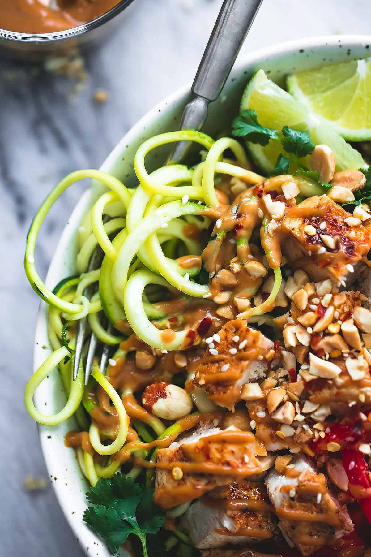 Thai Peanut Chicken & Zucchini Noodle Bowls