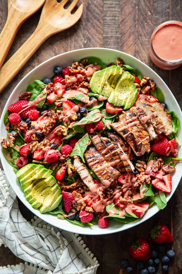 Triple berry avocado grilled chicken salad