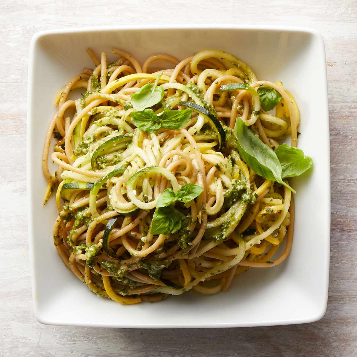 Spaghetti & Zucchini Noodles with Basil-Walnut Pesto