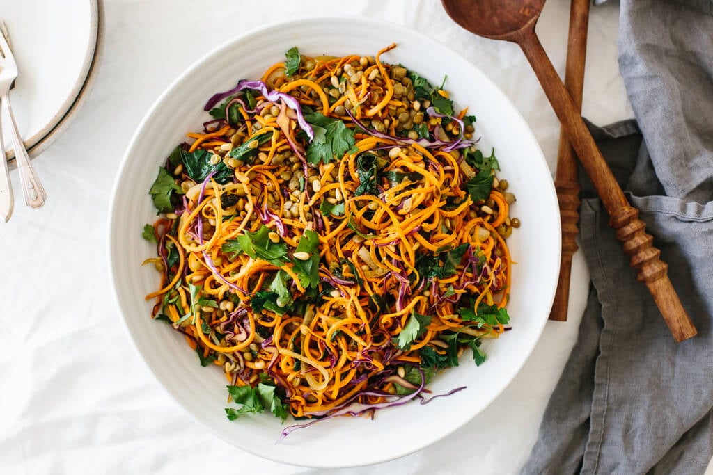 Sweet Potato Noodles Salad with Cabbage and Lentils