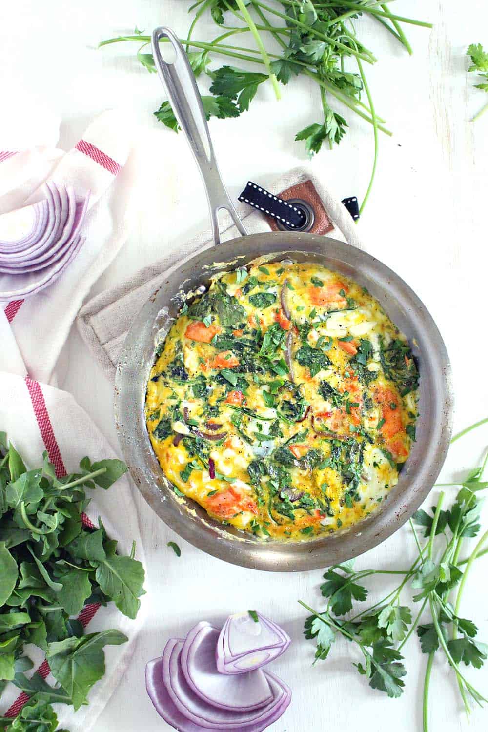Salmon, Arugula, and Feta Frittata