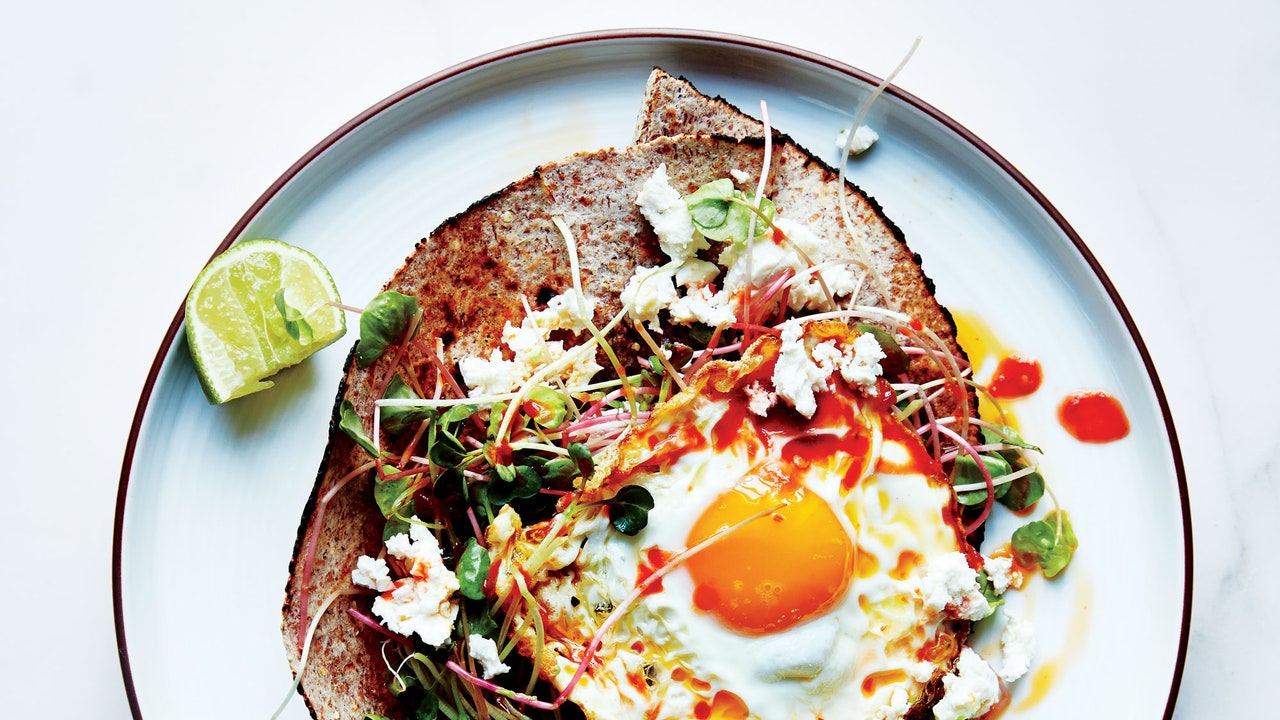 Chile-and-Olive-Oil-Fried Egg with Avocado and Sprouts