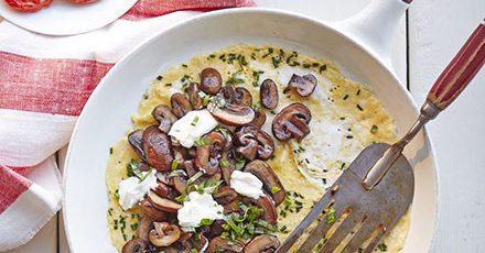 Mushroom & basil omelette with smashed tomato