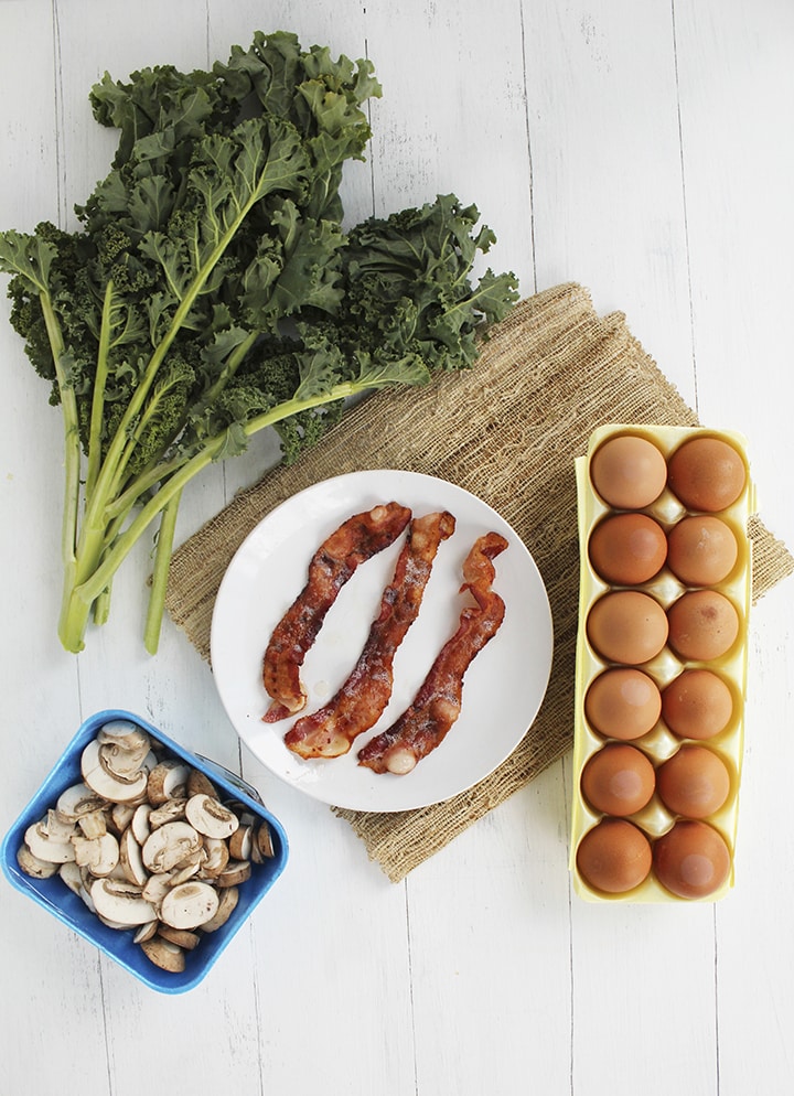 Pesto Bacon Zucchini Spaghetti Frittata with Mushrooms and Kale