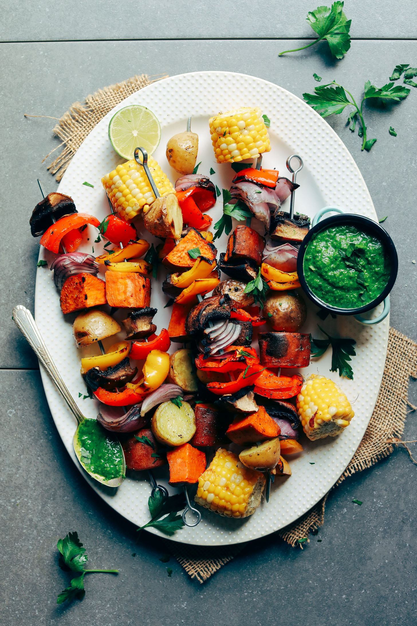 Veggie Skewers with Magic Green Sauce